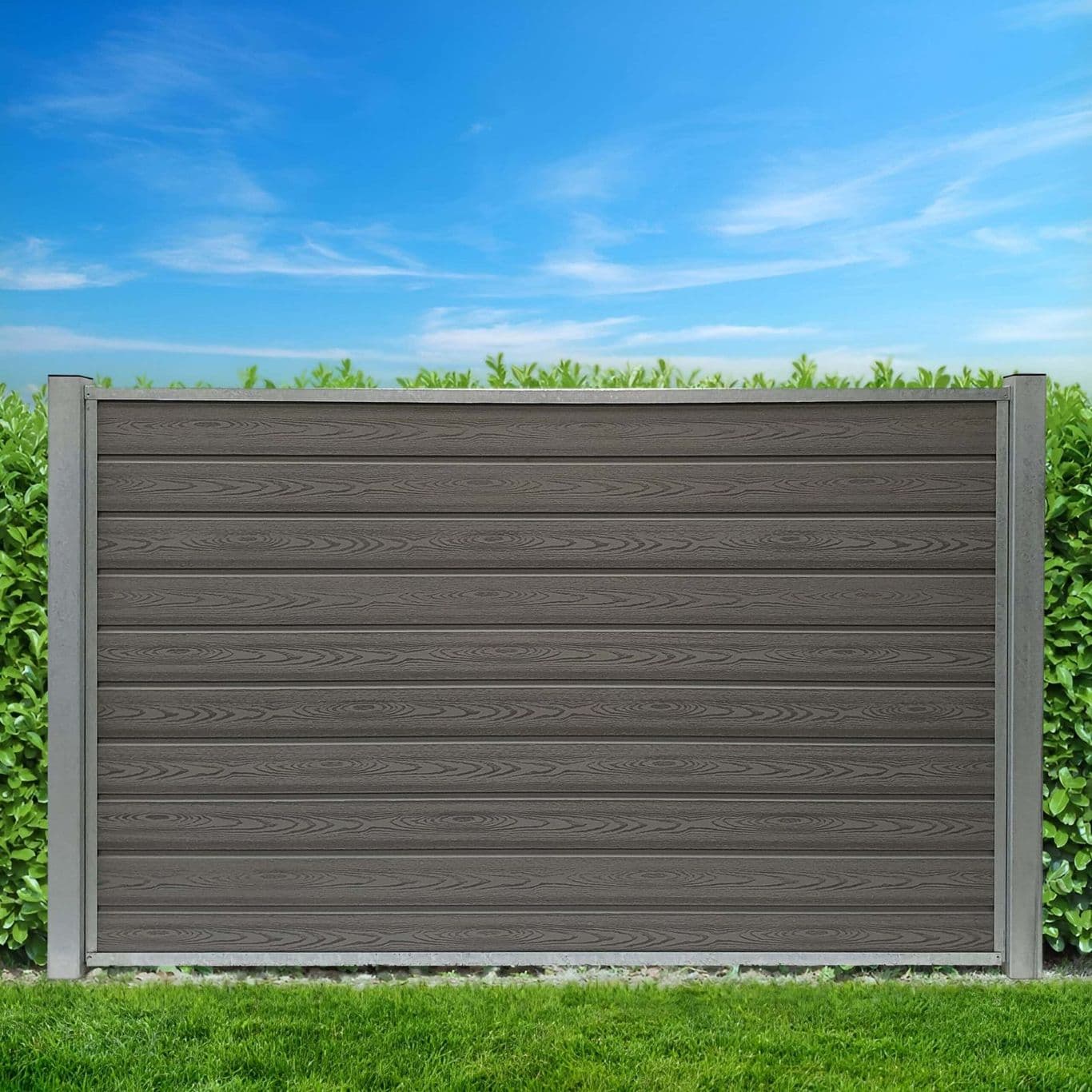 WPC Zaun Startfeld, feuerverzinkter Stahl mit betongrau Holzstruktur komposit, H140 x B239,5 cm